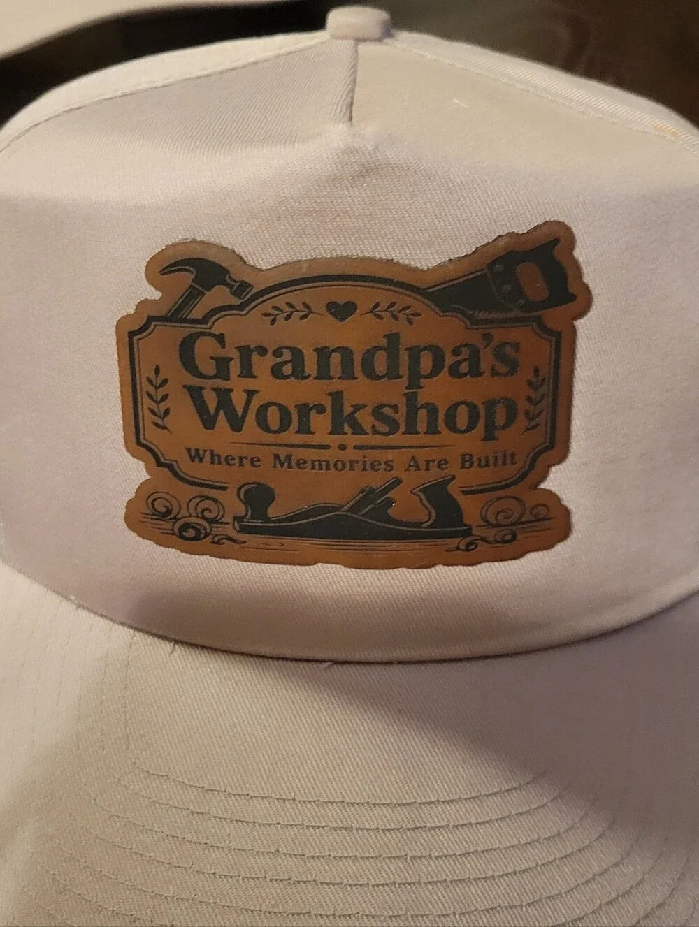 NEW Grandpa's Workshop Tan Hat W/ Custom Leather Patch Adjustable 6 Panel